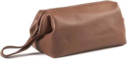 Vista 3 de Leatherology Neceser enmarcado – Kit de cuero Dopp con apertura de boca ancha, forro resistente al agua y compartimentos con cremallera, Coñac