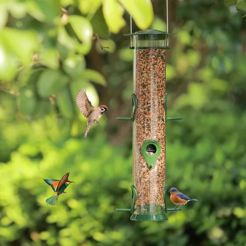 Vista 6 de 2 paquetes de comederos para pájaros verdes, comederos colgantes de tubo, comederos para pájaros salvajes de 6 puertos, comederos premium