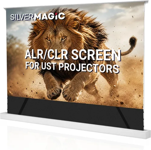 Vista 8 de ALR - Pantalla de proyector motorizada tensada por SilverMagic – Pantalla gris tensada con pestañas y diseño moderno con carcasa de aluminio blanco