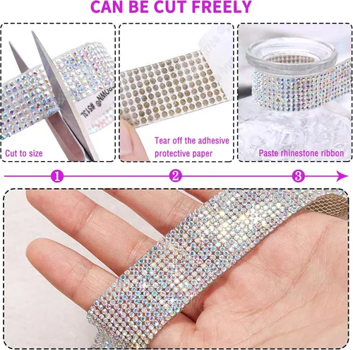 Vista 4 de 4 rollos de cinta autoadhesiva con diamantes de imitación y cristal Bling con tiras adhesivas de 2 mm para manualidades, bodas, cumpleaños, fiestas