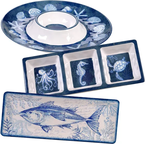 Vista 5 de Certified International Oceanic - Juego de vajilla de melamina de 12 piezas, servicio para 4, multicolor y oceánico, juego de servicio de melamina