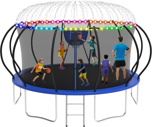 Vista 10 de Trampolín al aire libre de 1500 libras, trampolines de 16 pies, 14 pies y 12 pies con luz+aspersor + calcetines, recinto, escalera, postes curvos