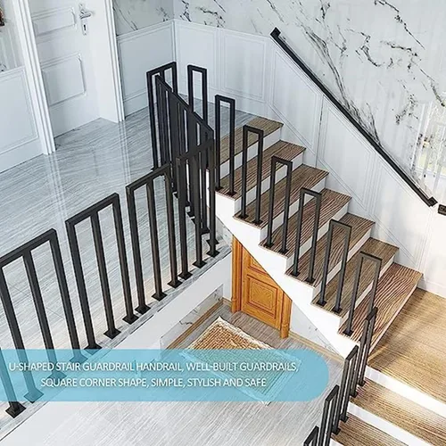 Vista 5 de Barandilla de seguridad de hierro forjado negro en forma de U, pasamanos de transición para escaleras al aire libre, barra de soporte de barandilla