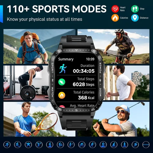 Vista 7 de Reloj Inteligente Militar para Hombres con Linterna LED Reloj de Pantalla Grande de 2.0'' Reloj Inteligente Táctico Batería Grande de 430mAh