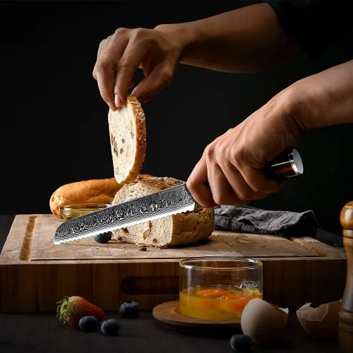 Vista 2 de FANTECK Cuchillo de pan, cuchillo de cocina dentado de 8 pulgadas, VG10 Damascus Pro de acero inoxidable de alto carbono de 67 capas para pan