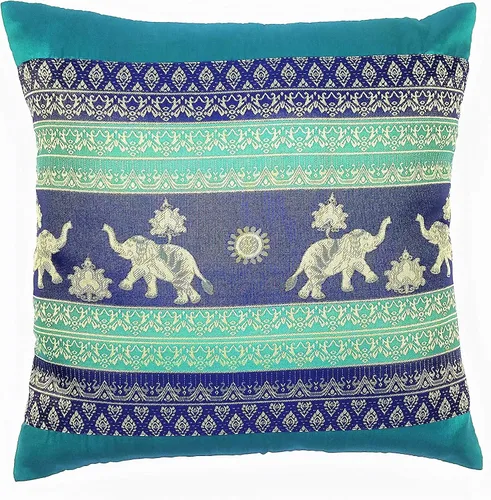 Vista 17 de Fundas de almohada decorativas hechas de seda tailandesa. Bordadas con estampado floral y pequeñas, fundas de almohada de elefantes reales (negro)