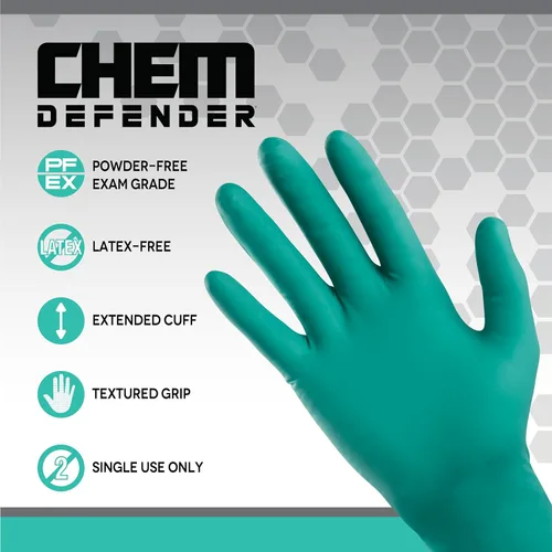 Vista 4 de Guantes desechables de cloropreno sin polvo ChemDefender 5 mil - mediano Resistencia química, dedos con textura, puño extendido de 12", de un