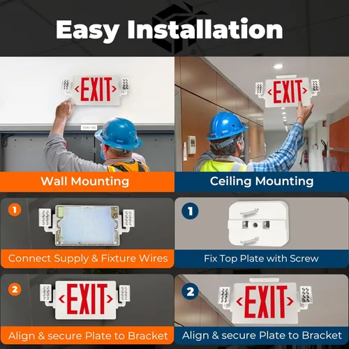 Vista 4 de LFI Lights Thin COMBO UL 924 Listed, LED rojo, señal de salida con luces de emergencia, blanco, 120-277 VCA cableada con batería de respaldo, doble
