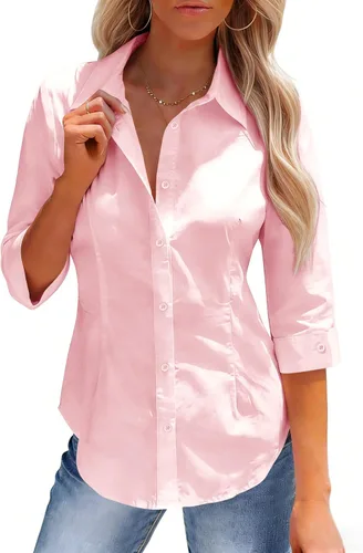 Vista 11 de siliteelon Button Down Shirts for Women: Slim Fit Stain Shield 3/4 Sleeve Dress Shirt Formal Work Button Up Blouses