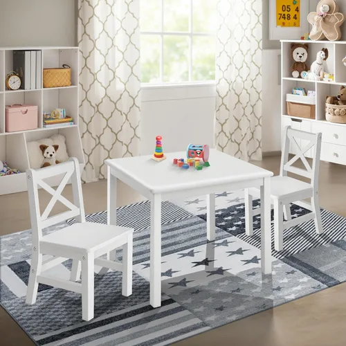 Vista 15 de eHemco Juego de mesa y silla de madera maciza para niños (2 sillas incluidas), café, juego de 3 piezas
