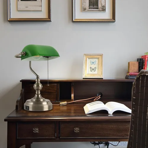 Vista 7 de Lámpara de escritorio de banquero de cristal verde, lámparas antiguas de escritorio de banquero, lámpara tradicional de biblioteca con puerto