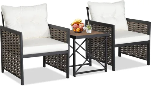 Vista 9 de Tangkula Juego de sillas de ratán de 3 piezas, sillas de mimbre para patio y mesa auxiliar, marco de metal resistente y mesa de madera de acacia