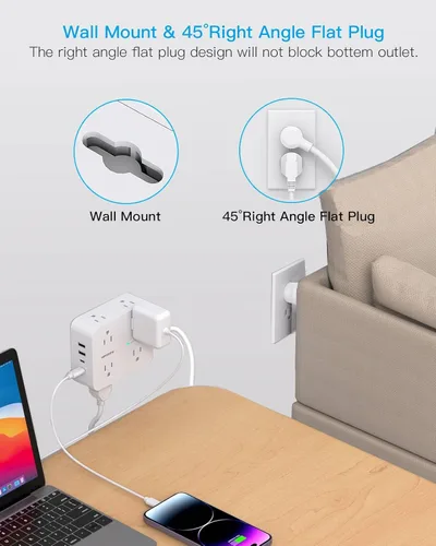 Vista 7 de Tiras de enchufes con protección contra sobretensiones - HANYCONY 8 salidas amplias con 4 puertos USB (2 USB C), extensor de enchufe de 3 lados