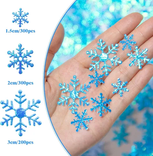 Vista 2 de 800 piezas de decoraciones de confeti de copos de nieve azules de Navidad – Confeti de nieve falso, manualidades, copo de nieve, suministros
