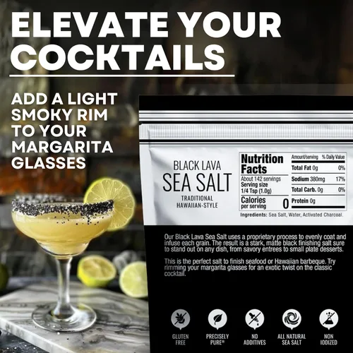 Vista 2 de Sal de lava negra estilo hawaiano para cocinar y finalizar, sal marina negra con carbón activado, bolsa de 5 oz