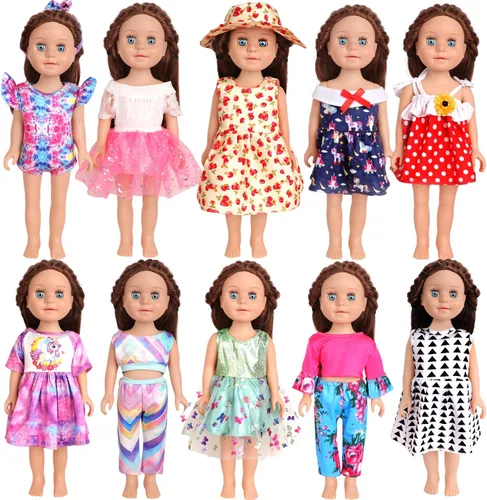 Vista 14 de 10 conjuntos de ropa para muñecas de 18 pulgadas, incluye vestidos y conjuntos para muñecas tipo American Doll, regalos de cumpleaños para niñas
