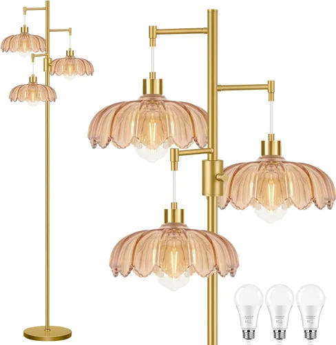 Vista 19 de Lámparas de pie doradas para sala de estar dormitorio - Lámpara de pie de vidrio de 3 luces con tres bombillas LED, lámpara de pie alta rústica