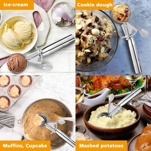 Vista 6 de Cuchara de helado con gatillo, cuchara para galletas, cuchara de helado de acero inoxidable, melón con gatillo, cuchara para galletas, cuchara