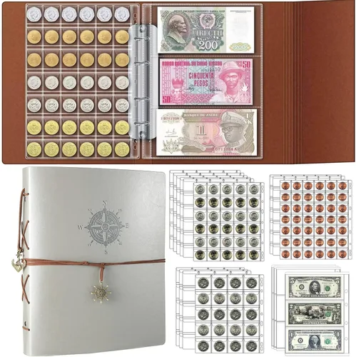 Vista 10 de Páginas de colección de monedas de 10 hojas, página de bolsillo para monedas con 120 bolsillos, fundas para carpetas de monedas con 9 agujeros