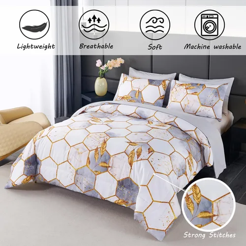 Vista 2 de ZRNBAST Juego de edredón de 7 piezas, tamaño matrimonial, color gris claro, panal de abeja, para todas las estaciones, con estampado hexagonal