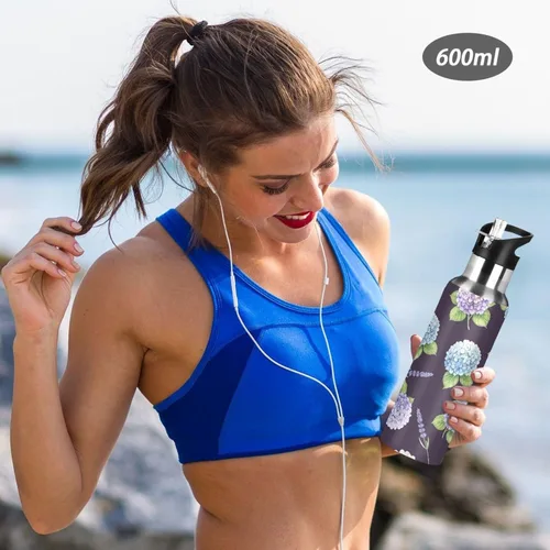 Vista 6 de Hydrangea Lavender Purple Blue Stainless Steel Water Bottle 20 Oz Leakproof Water Bottles, BPA-Free Sports Water Bottle with Straw