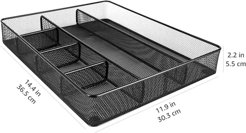 Vista 4 de Amazon Basics Organizador de cajones de escritorio para oficina y hogar, malla de metal, antideslizante, 6 compartimentos, color negro