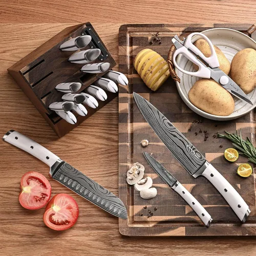 Vista 6 de Juego de Cuchillos, Emojoy Juego de Cuchillos de Cocina de 18 Piezas con Bloque de Madera, Juego de Bloques de Cuchillos de Acero Inoxidable Alemán