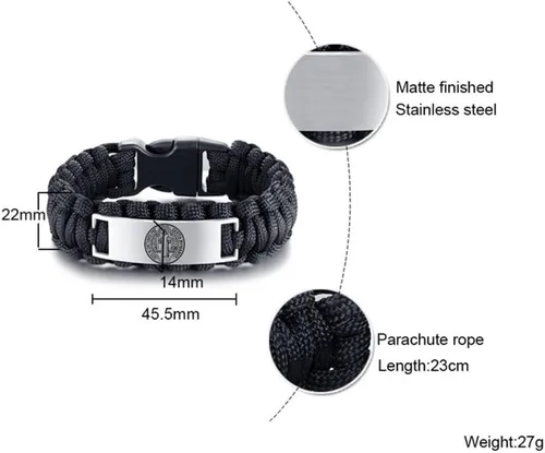 Vista 2 de Pulsera cristiana de San Benito para hombre, de acero inoxidable, cuerda de paracaídas, pulseras de supervivencia religiosas de San Benito