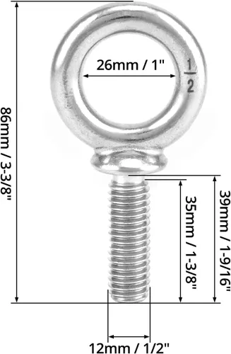 Vista 6 de QWORK Perno de Ojo de Maquinaria, Paquete de 10 de 1/2" -13 x 1-1/2" Grado Marino Acero Inoxidable 304, Anillo de Elevación Perno de Ojo Roscado