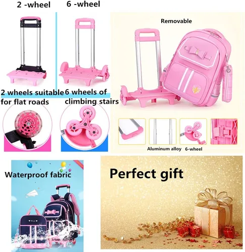 Vista 6 de ZHANAO Rolling Trolley Bag Wheeled Backpack Bowknot for Girls Primary Schoolbag 3Pcs with Crossbody Bag Pencil Case