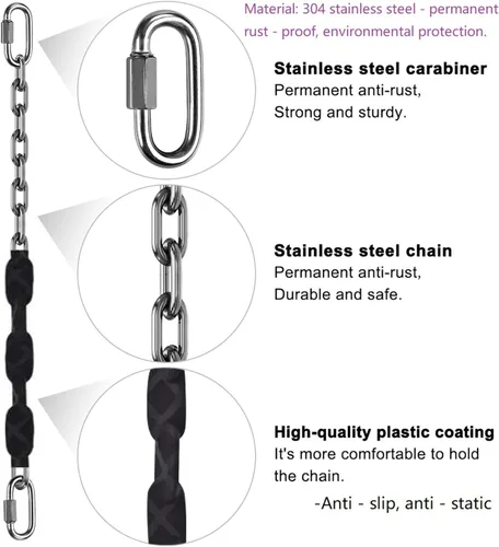 Vista 7 de 4 cadenas de acero inoxidable (negro de 84 pulgadas), accesorios de columpio resistentes, 4 hebillas de conexión rápida, hamacas para columpios