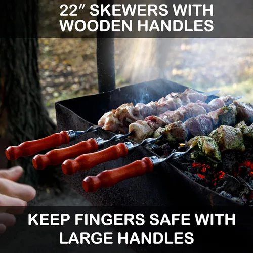 Vista 5 de Brochetas de barbacoa prémium con asas de madera de 22 pulgadas, brochetas de acero inoxidable largas y reutilizables, para asar a la parrilla