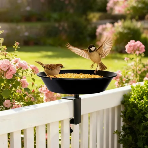 Vista 2 de Comedero para pájaros de balcón para barandilla de cubierta, montado en cubierta con bandeja de semillas para exteriores, acero resistente ajustable