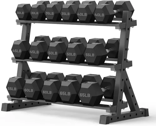 Vista 16 de Papababe Juego de mancuernas hexagonales con soporte, con revestimiento de goma, pesas libres con estantes de almacenamiento, múltiples opciones