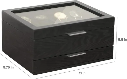 Vista 6 de Caja organizadora de 8 ranuras para reloj, para hombres, acabado negro, vitrina de reloj, bandeja modular de valet, compatible con Apple Watch