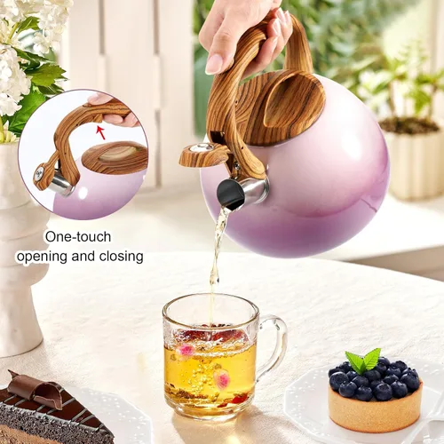 Vista 5 de GGC Tetera para estufa, 3.1QT/3L Hervidor de té silbante para hervir agua, café o leche, tetera púrpura con mango de compañero de madera, tetera