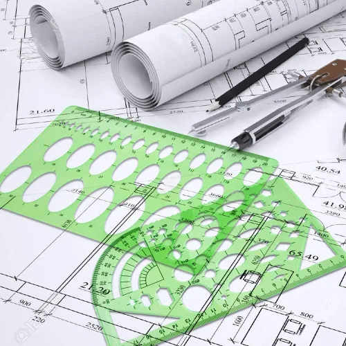 Vista 7 de Regla de medición de plantilla de dibujo geométrico de 11 piezas, regla de plástico verde transparente con bolsa de plástico portátil