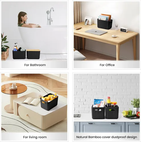 Vista 7 de Ohmlove Paquete de 4 contenedores de almacenamiento con tapas de bambú, contenedores de almacenamiento de plástico con tapas, caja de almacenamiento