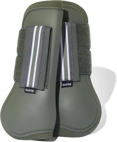 Vista 16 de HORZE Adepto - Botas de tendón frontal abierto, carcasa duradera con forro de neopreno, color verde caqui escarabajo, caballo