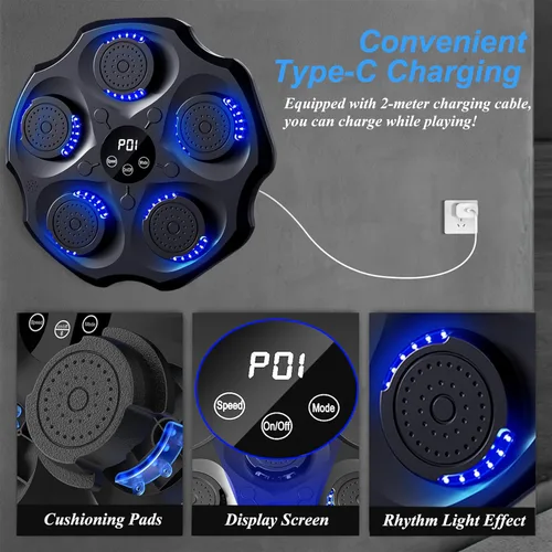 Vista 4 de Máquina de boxeo de música, punzonadora de música inteligente Bluetooth con guantes, blanco de boxeo electrónico de gran tamaño montado en la pared