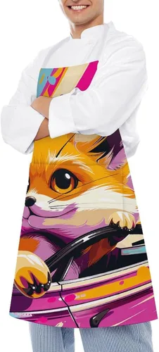 Vista 4 de MUSM Apron for Adults - 27.6 X 31.5 Inch, Heavy-Duty Polyester Aprons with Two Large Pockets, Waterproof Little Fox in The Car Kitchen Apron for