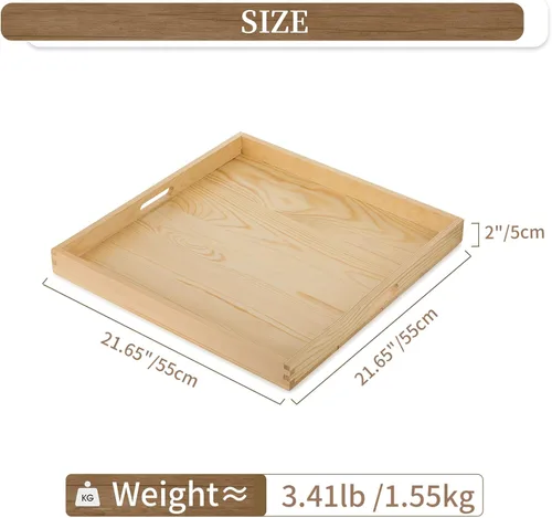 Vista 5 de Hanobe Bandeja otomana cuadrada grande: bandeja extra grande para servir con asas, bandejas decorativas de madera rústica, mesa auxiliar, decoración