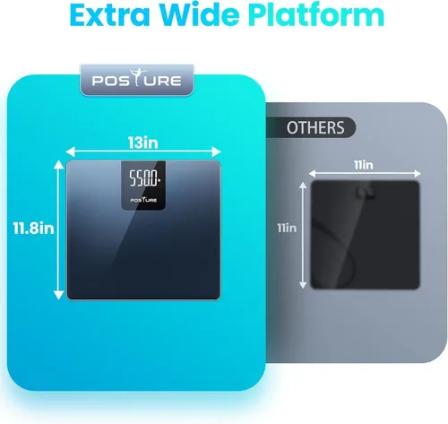 Vista 6 de Báscula digital de baño Posture con capacidad de 550 libras, báscula de peso corporal de alta precisión, plataforma extra ancha, pantalla LED grande