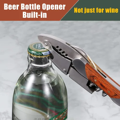 Vista 6 de Sacacorchos para camareros, abrebotellas de vino, acero inoxidable resistente, mango de palisandro, llave de vino en forma de tiburón, regalo
