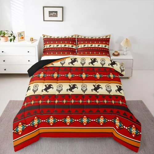 Vista 13 de Juego de edredón de caballo vaquero occidental, juego de ropa de cama bohemio atrapasueños tamaño individual, juego de ropa de cama azteca tribal