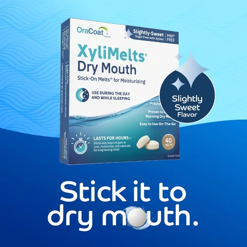 Vista 2 de Oracoat XyliMelts - Discos hidratantes para la boca seca, sin azúcar con xilitol, 40 unidades, sabor ligeramente dulce, alivio de 8 horas