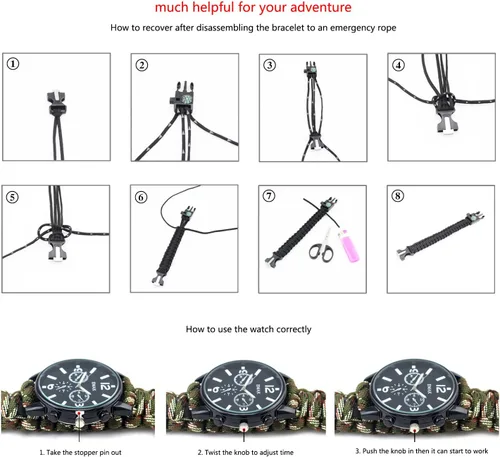 Vista 5 de MansWill Pulsera de supervivencia deportiva 16 en 1, 7 núcleos, cuerda de paracaídas, resistente al agua, reloj de emergencia, herramientas