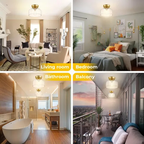 Vista 2 de LACCEN Lámpara de techo semiempotrada dorada cepillada, pantalla colgante de vidrio transparente, lámpara moderna de granja para pasillo, pasillo