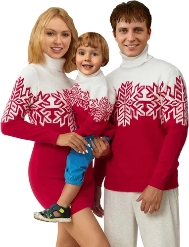 Suéter feo de Navidad a juego para la familia, con cuello alto, copos de nieve, suéter de punto para adultos y niños