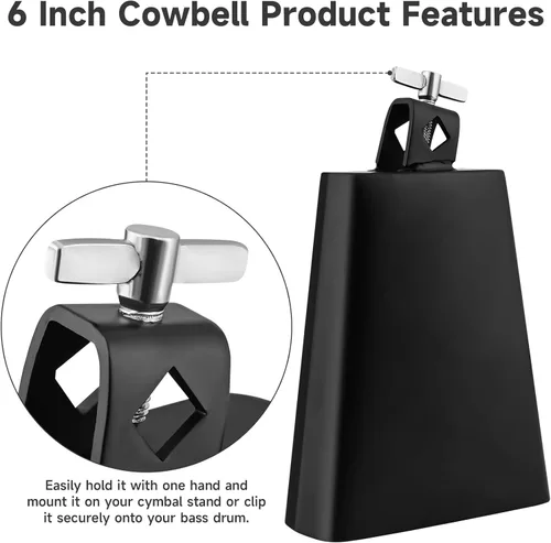 Vista 5 de Cencerro de 6 pulgadas y bloque de atasco para batería, kit de instrumentos de percusión latina negra 2 en 1, cencerro de metal y bloque